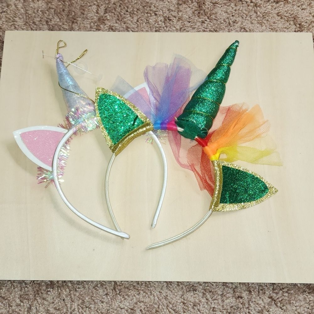 2 Unicorn cat ear headbands. Great for Easter and St. Patrick's Day.